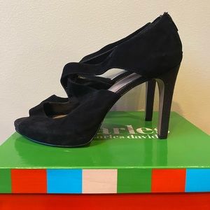 Charles by Charles David black suede strappy peep toe pumps, women’s US 10